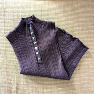 Brown Ribbed Turtle Neck Sleeveless Top with Buttons